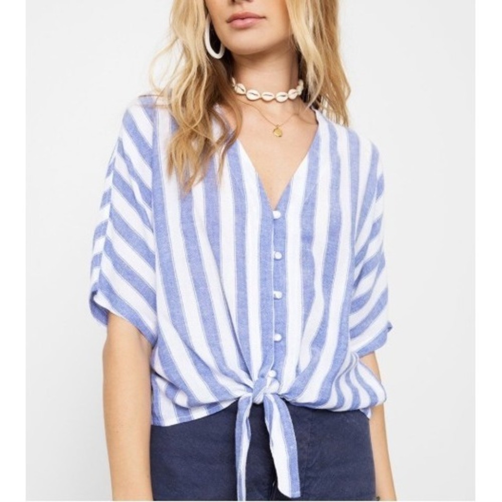 Rails Blue White Striped Front Tie Button Down Cropped Linen Blend Top Small